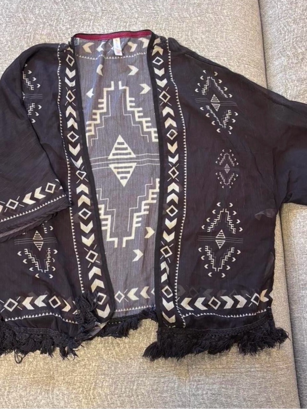 Xhilaration Black Open-Front Aztec Fringe Cardigan